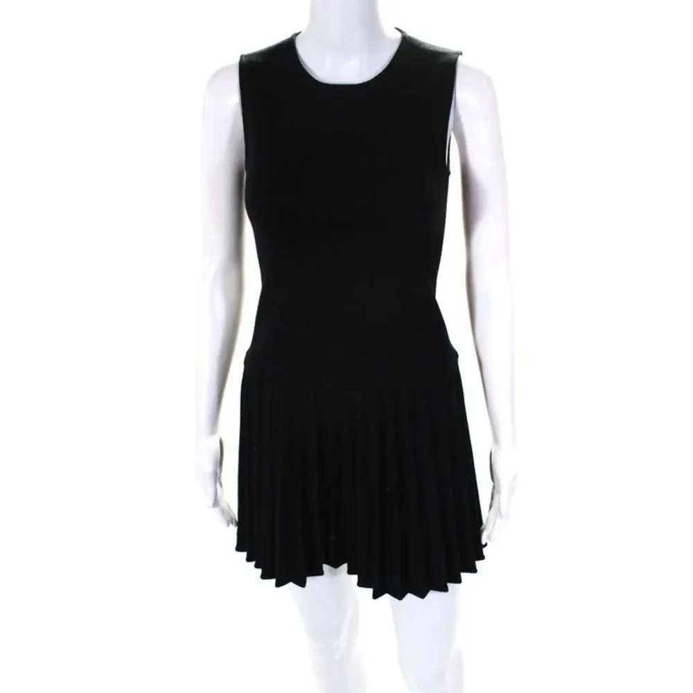 Theory Women's Round Neck Sleeveless Drop Waist Pleated Mini Dress Black Size 0